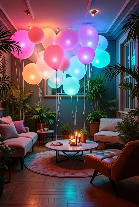 room with lots of transparent balloons with led ceiling lights  ,  ceiling lights green plants in the room with parquet floor,  ...