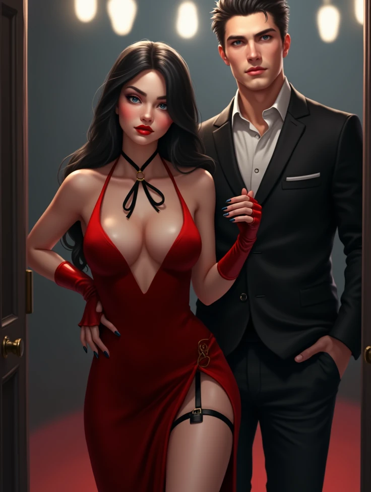 beautiful young woman, long jet-black hair has it towards a half wavy side,SAPPHIRE BLUE EYES, full red lips , pale white skin ...