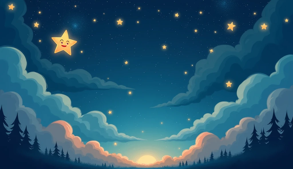 "a whimsical starry sky filled with glowing cartoon-style stars, each twinkling softly with warm, gentle smiles. a single glowin...