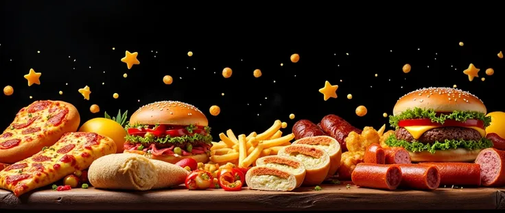 an ultra-realistic, highly detailed 21:9 banner designed for a fast-food bar. the banner features vibrant and appetizing food it...