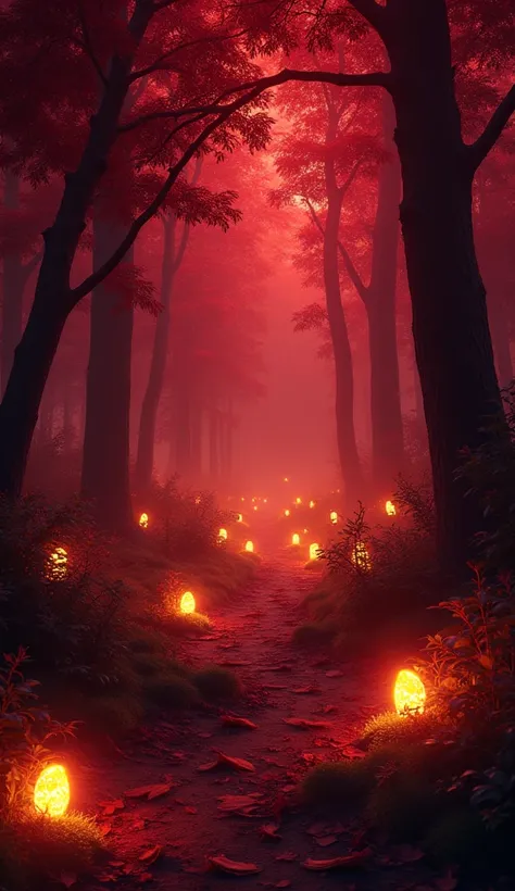 Scarlet forest night with lot of yellow lights