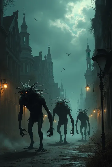 create an image of monsters walking through a macabre city