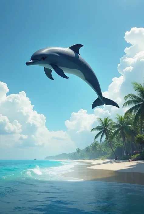 dolphin flies over the cloud below the water and waterfront with beach trees