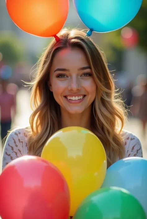 real photo of a 25-year-old girl holding balloons in her hands