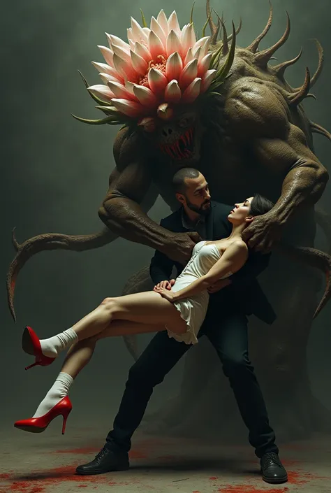 a man grabs a mexican  woman in white bracelet socks feets in heels shoes red and puts her body in the mouth of a  devil flower.