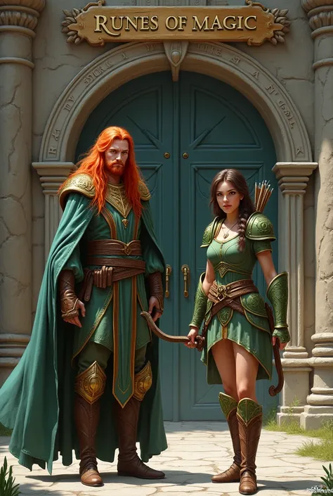 fantasy art, 2 looking to the camera, a wizard with red long hair, a female archer with brown hair and a bow in her hands and gr...