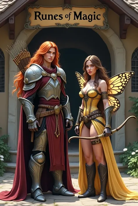 realistic photo, 2 looking to the camera, a young male wizard with red long hair in a heavy fantasy armor, a female archer with ...