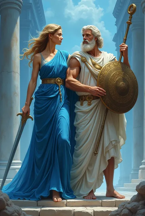 i want athena on a blue dress and in her right hand holding a sword and her left hand holding a shield right beside her is herme...