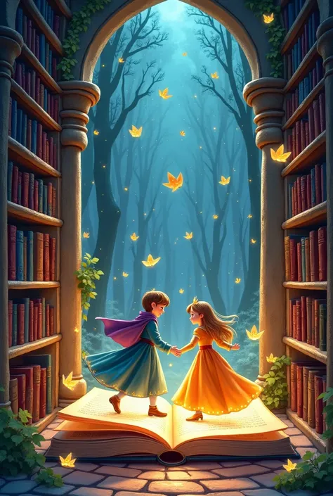 stories of princesses and princes coming out of a book and books flying. colored drawing, characters from behind. with bookshelv...