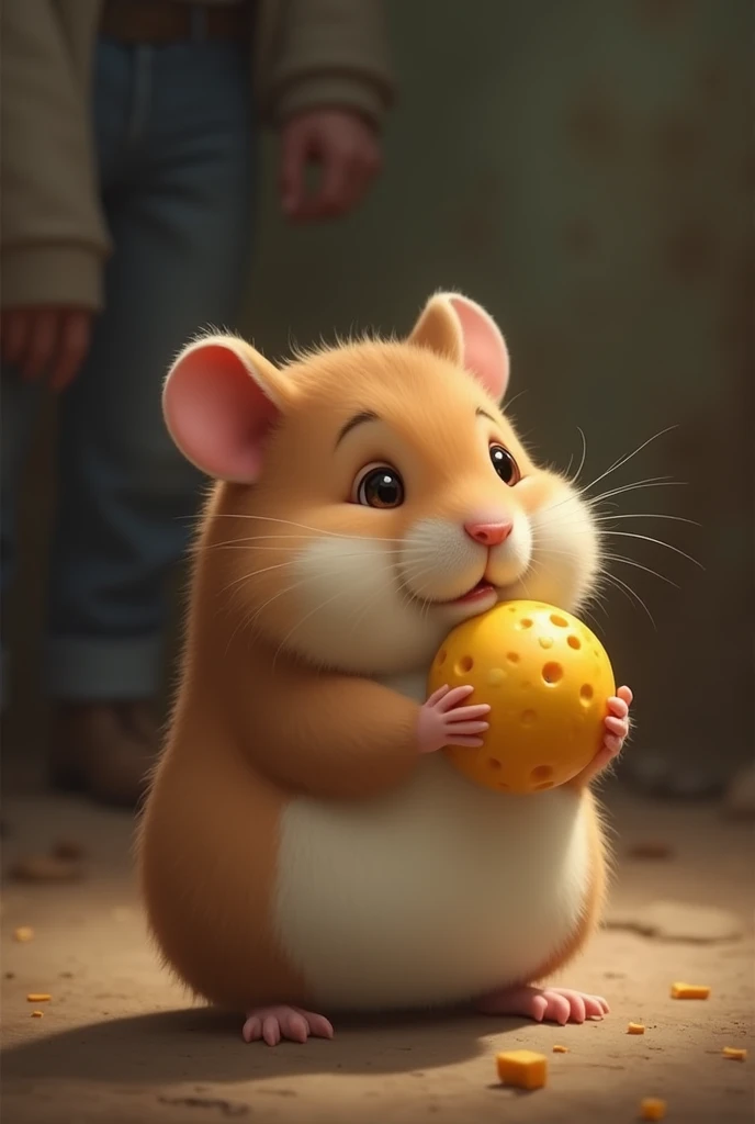 make a brown color of cute fat hamster standing beside her grief while holding a cheeseball