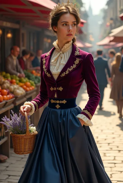 a refined european woman from the late 19th century, gracefully navigating a bustling open-air market. she is dressed in a tailo...