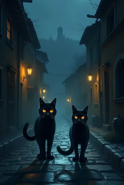 2 cats walking in a village road at night scare