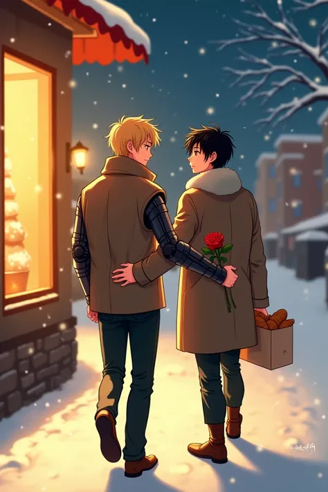 a picture in the style of manhwa with warm tones, on a snowy christmas night, there is a couple, a blond-haired, golden-eyed man...