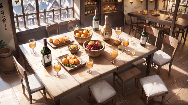 tavern table、Many cuisines、Lots of alcohol 、 composition from above、