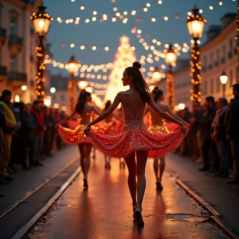 Une photographie 4K féérique et réaliste dune parade de Noël se déroulant sur un pont dans une ambiance magique et festive. Au p...