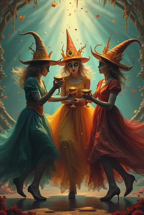 the three dancing witches woman in random carnival masks and three golden cups