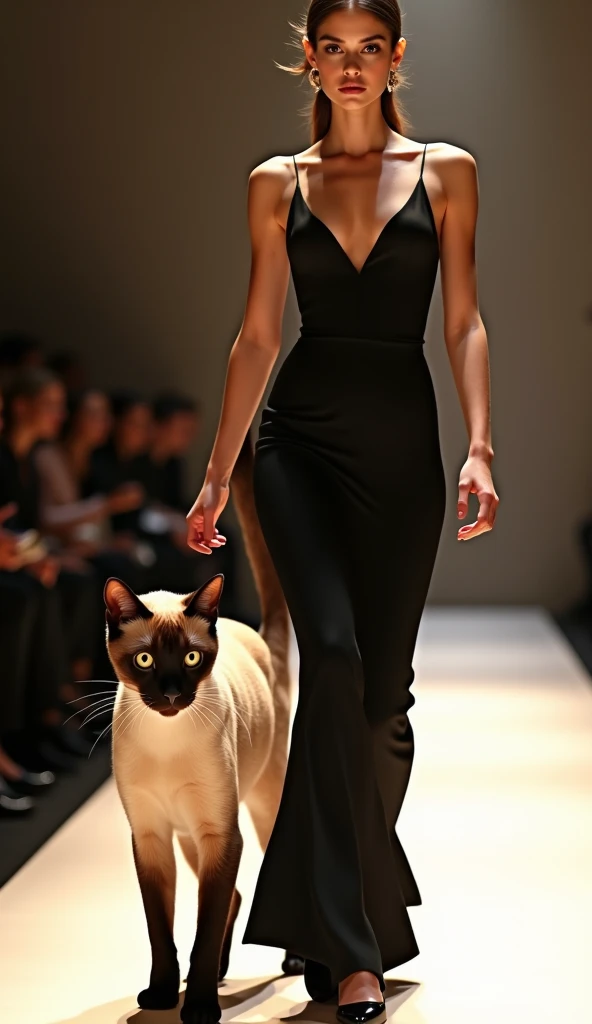 a runway model in a sleek, form-fitting black gown strides confidently with a massive siamese cat at her side. the cat's glossy,...