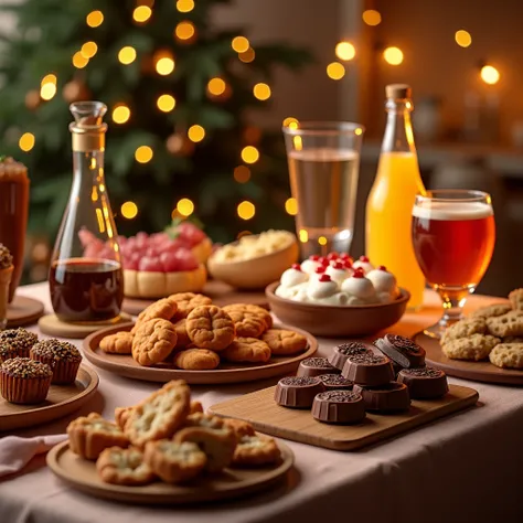 a party setup with drinks, snacks, and chocolates from londel, with fairy lights in the background.