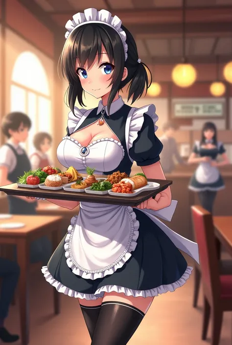 high school girl、 big breasts 、 maid outfit 、 restaurant 、carrying food、wearing tights、 anime illustration style