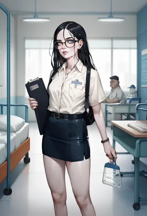 max caufield, one girl, hospital background, stringy black hair, sweaty, pale skin, sickly, wearing a business skirt and blouse,...