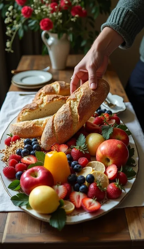 a table with two halves sharply divided: one side only contains a single loaf of bread, and the other side is richly adorned wit...