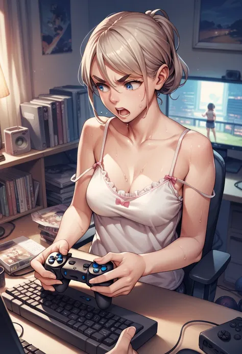 night, anime,1girl, medium breasts, in room, girls room, camisole, playing the game, shooting games, desk, pc, game controller, ...