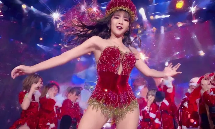 a cute woman (role of a kpop idol, age 20, sexy revealing christmas outfit, singing in a mic, lots of open legs thrusting hips d...