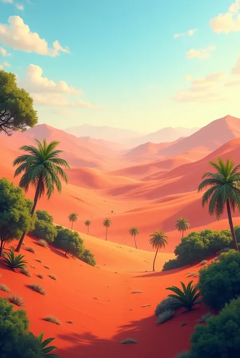 hills surrounded with red sands and palm trees and trees