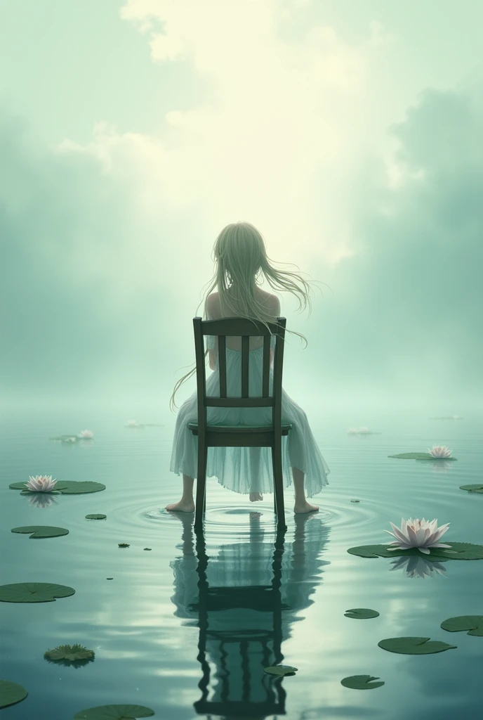 a girl sitt on chair in water