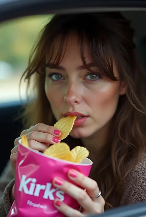 a 30 year-old fortune teller in her car eating crisps from a pink packet of crisps which has the written inscription 'kirk's' on...