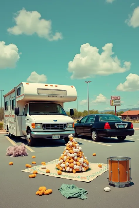 take a picture of a parking lot with a motorhome and a black ford focus station wagon. there is a diaper cake in the parking lot...