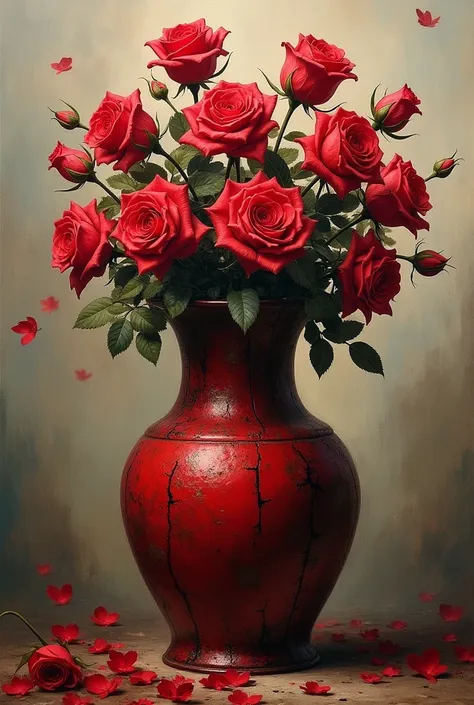 make a painting of a crimson red vase with roses , and leave the rest to your imagination ,  but i want it to be a painting insp...