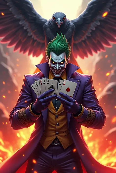 joker ,apex legends, with playing cards in his hand against the background of a flying crow and fire in real anime style