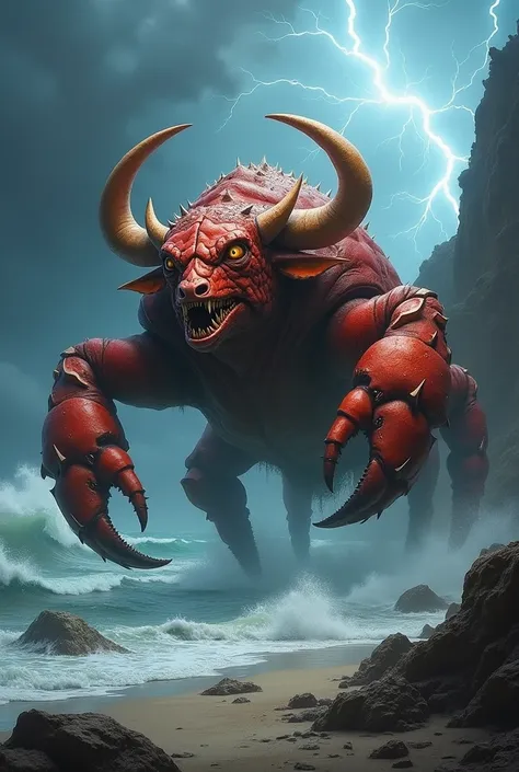 "design a monstrous hybrid entity that seamlessly combines the features of a crab and a bull into a single, terrifying creature....