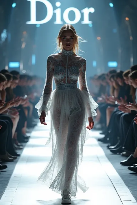 arafed image of a woman walking down a track with a crowd of people, futuristic fashion show, on the track, dior, fashion track,...