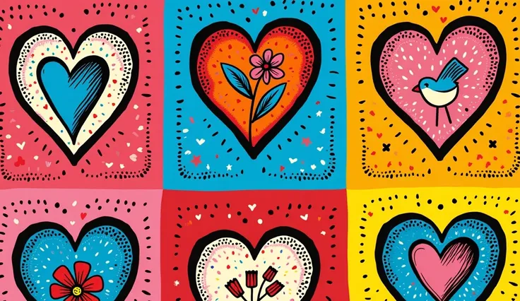 "a pop-art pattern with heart shapes filled with graphic illustrations, inspired by traditional ukrainian folk motifs. the heart...