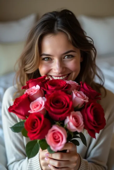 a beautiful woman in college and uniform. she looks so happy even her eyes was the only showing. her face is partially hidden be...