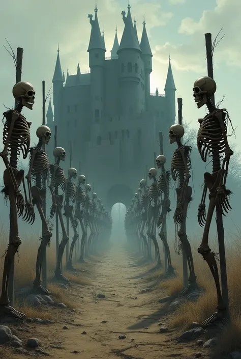 impaled skeletons on stakes in field. castle at background