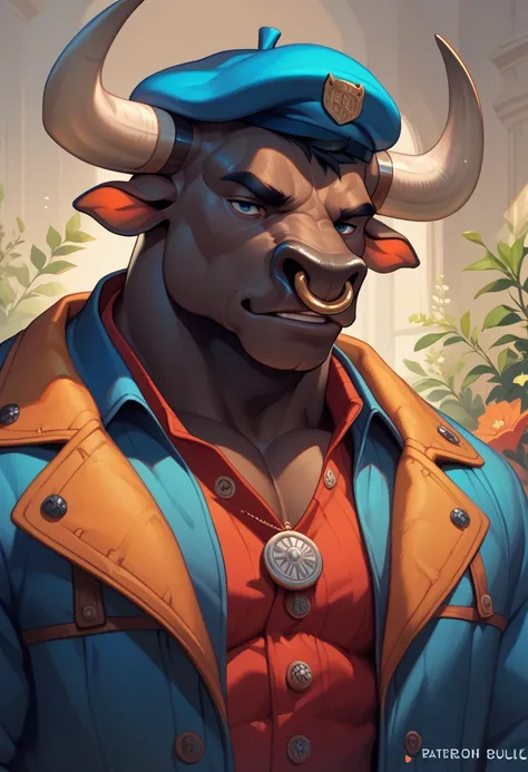 solo, furry male, minotaur, male bull, black bull, bull face, 3/4 body  image, bull mouth, black hair, muscular build, beret on ...