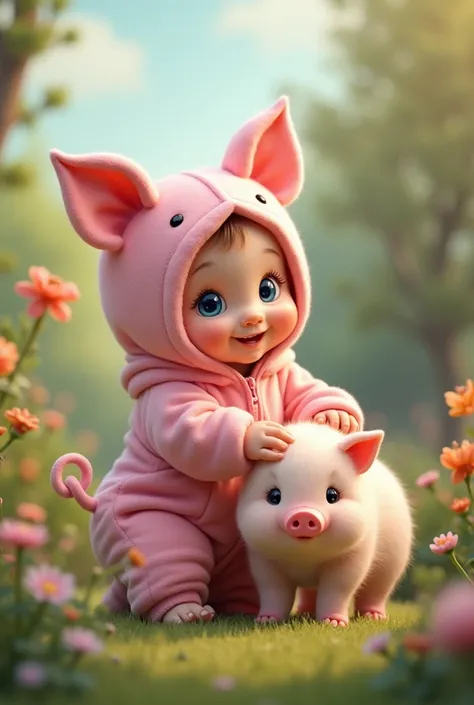 i want a  baby  , very cute ,   blue eyes,   wearing a full pink piglet costume.  in the background a garden and a real piglet ....