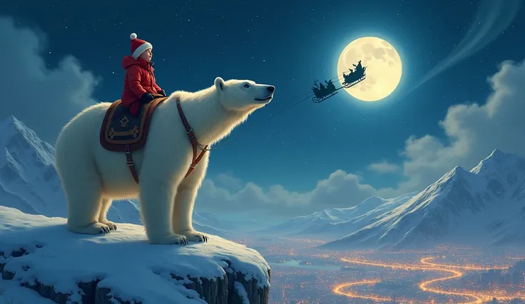 a polar bear standing at night on top of a mountain looking up with a boy in a red shirt riding on his back! in the sky we see s...