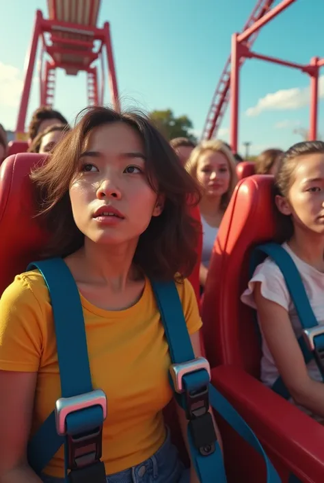 ollercoaster girls sitting in seats, the roller coaster is in recline position, waiting for launch. countdown, strapped in seats