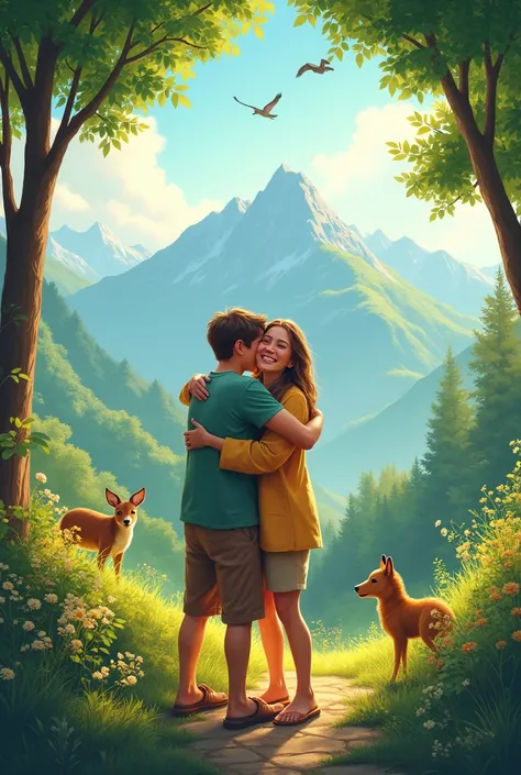 people are hugging each other in the mountains, there are lots of animals, trees, big, fragrant greenery, clear back pictures, b...