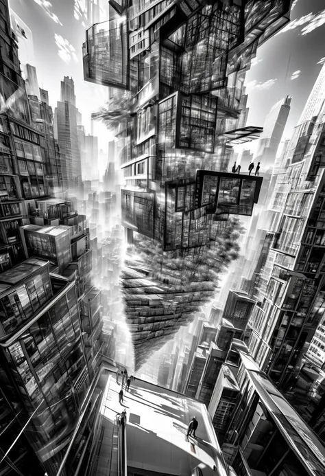 double exposure, the fusion of two-dimensional and three-dimensional, cross-fading images, a 2d fragile beauty drawn in monochro...