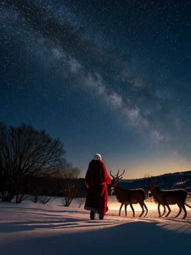 the shadows of santa claus and reindeer are seen flying in front of the crescent moon, and the back of a woman wearing a white a...