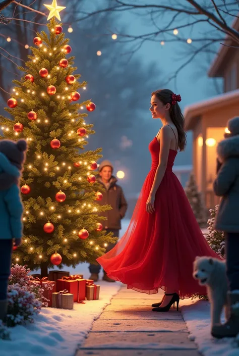 a girl in a red dress and several people around a Christmas tree that is on the side of the sidewalk of a house