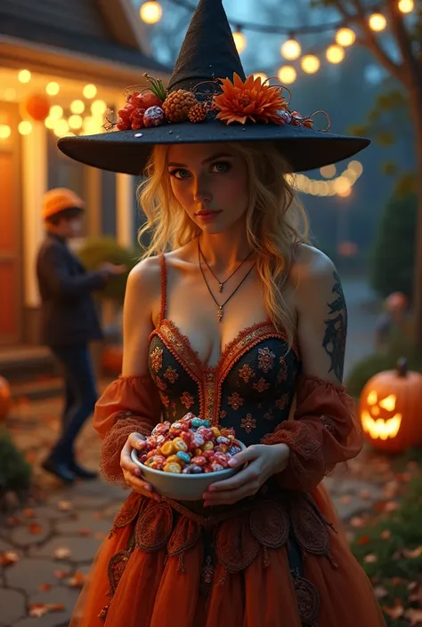 (photorealism:1.2) a beautiful woman wearing a halloween costume collects a lot of candy and after eating them all, she gains li...