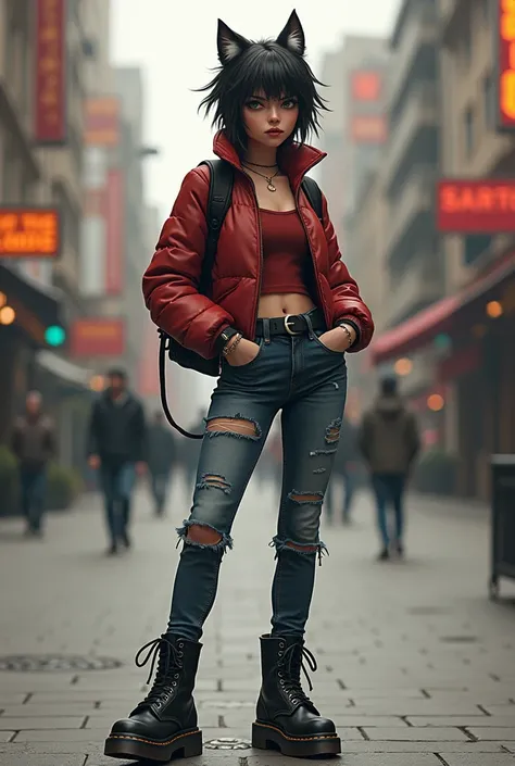 Une fille avec un wolf cut, qui porte des chaussures marron montantes à semelles épaisses type doc Martens, cest un personnage f...