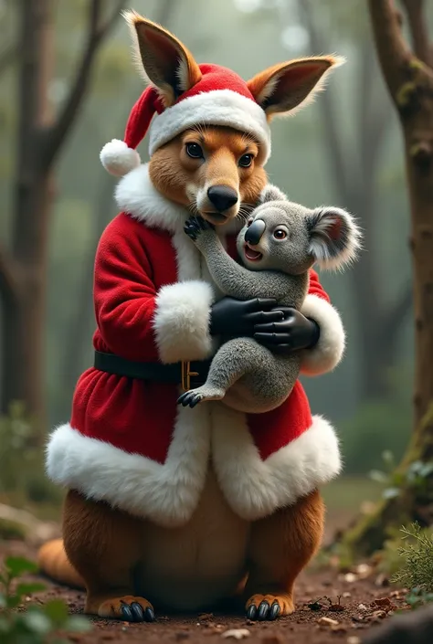 generate a realistic image of a kangaroo wearing Santa Claus attire, Hes holding a koala hostage