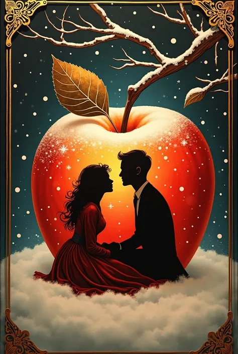 classic painting. pictorial painting - (silhouette art: 1,4) on a large juicy snow-covered apple. double exposure. the apple dep...